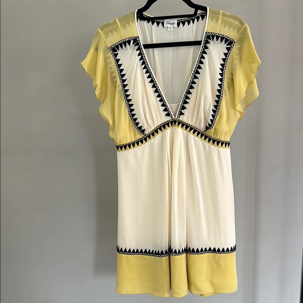 Temperley London Yellow & Cream V-Neck Dress with Black Trim l. UK 12 US 8